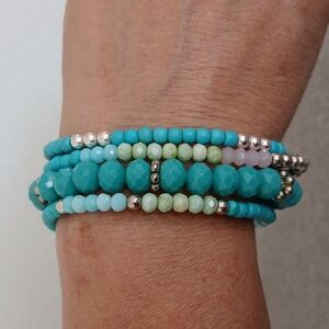 Turquoise and Silver Beaded Bracelet Set Of 4